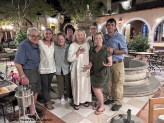 Farewell dinner at back hotel in Windhoek. Larry, Roberta, Tina, Kate, Noreen, Kris, Cathy, and Marc. Image: Thanks to Cathy Hallam