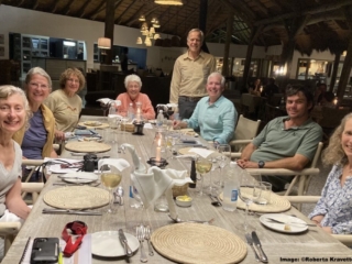 Dinner at Mushara Lodge, Namibia, Roberta, Connie, Penny, Jane, Hugh (Standing) John, Marc and Kathy: Image thanks to Roberta Kravette